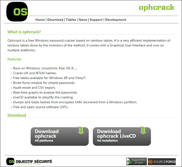 Ophcrackのウェブサイトを登録します