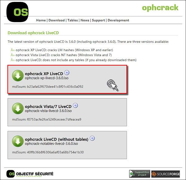 「Ophcrack XP LiveCD」を選択します