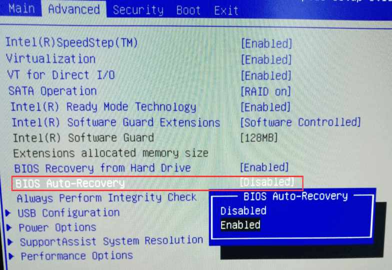 「←」ボタンで「Advanced」タブに切り替えます。次に、ボタン「↓」を使用して「BIOS Auto-Recovery」を選択し、Enterを押します。次に、「Enabled」を選択してEnterを押します。