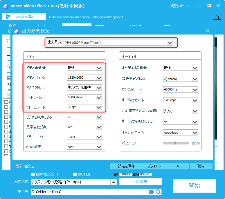 動画の出力設定